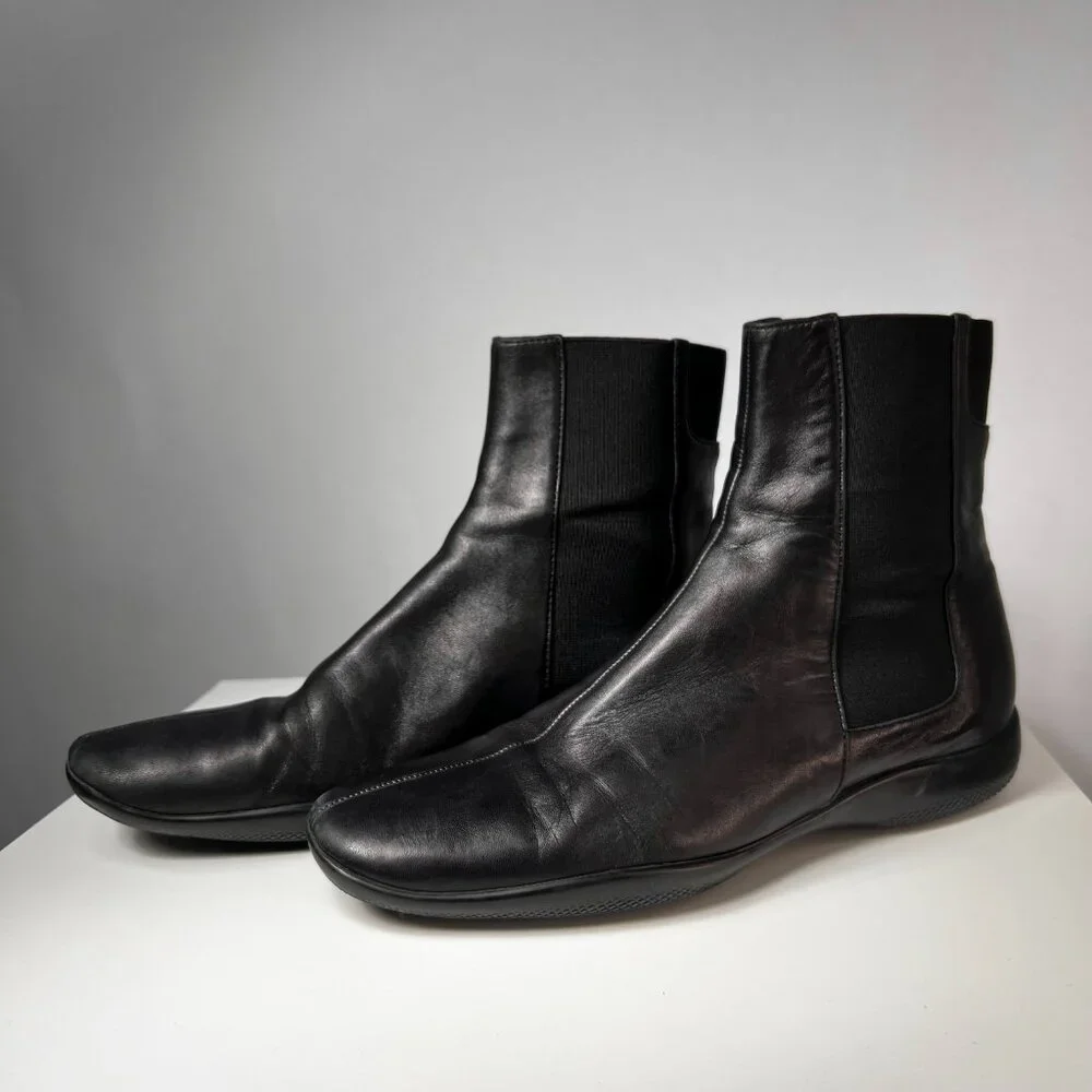 VTG PRADA Sport Nappa Chelsea Black Leather Boots 7US=37.5EU Made in Italy - Picture 4 of 10